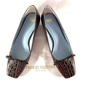 Frances Valentine Brown Embossed Leather Pumps Square Toe Low Heel 45mm 1.5inch